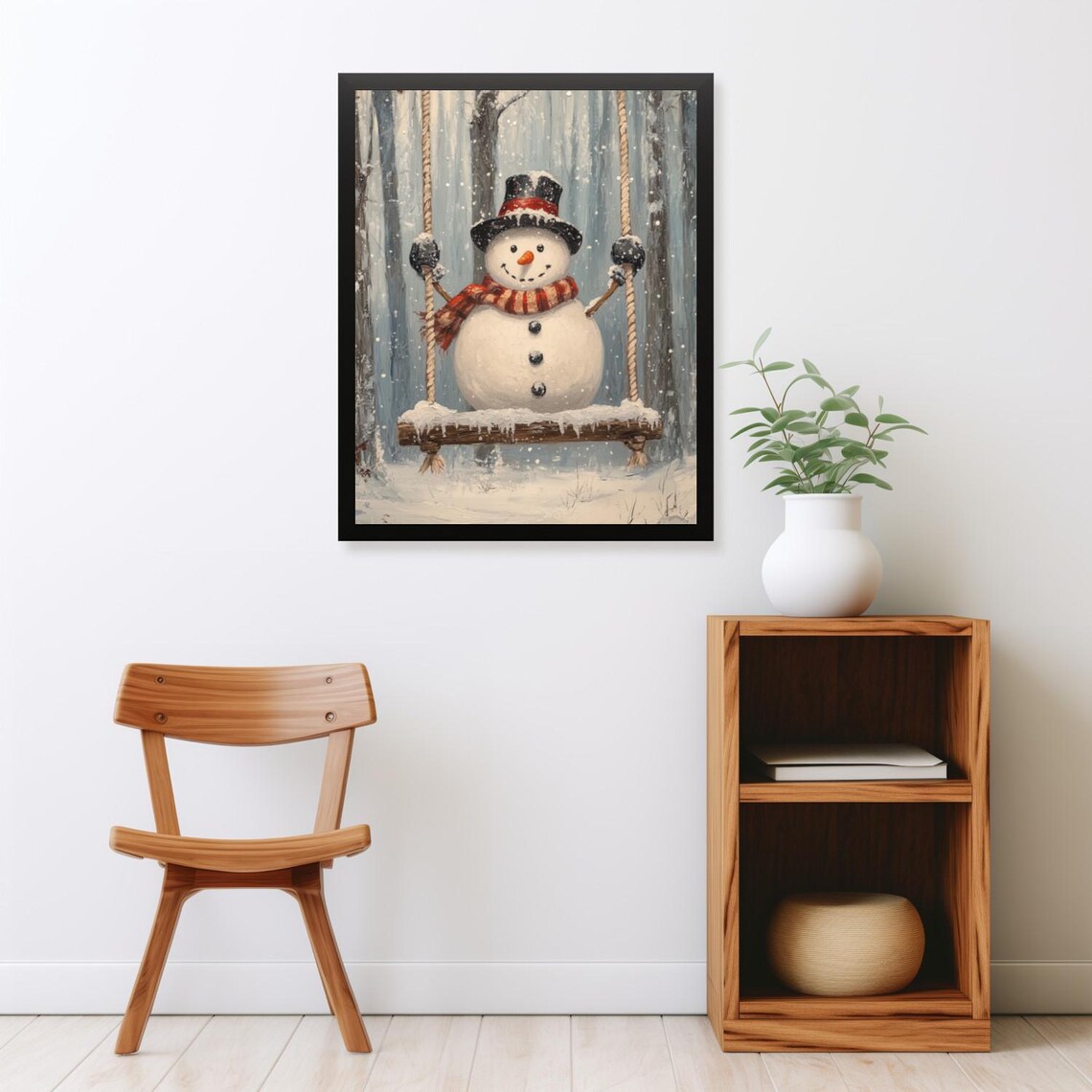 Vintage Snowman on a Swing Winter Landscape Print - Image 2