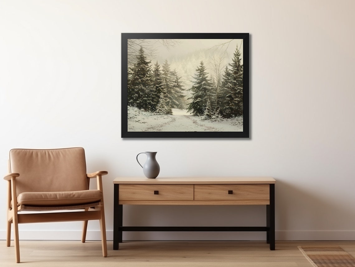 Winter Path Through Snowy Pine Forest Vintage Moody Rustic Poster - Image 2