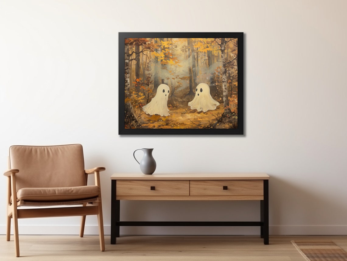 Halloween Cute Ghosts Forest Decor Moody Halloween Painting Vintage Ghosts Spooky Wall Art Print - Image 2