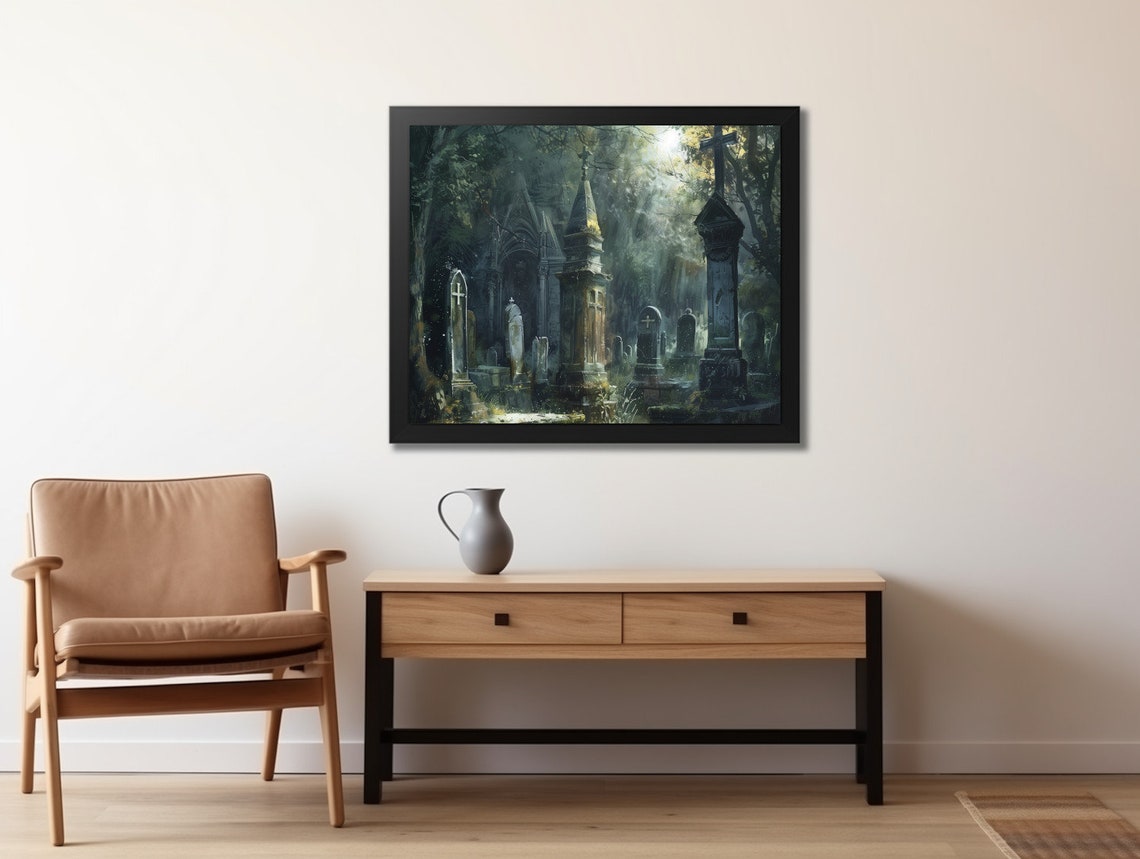 Gothic Cemetery Painting Weathered Tombstones Dark Forest Poster - Image 2