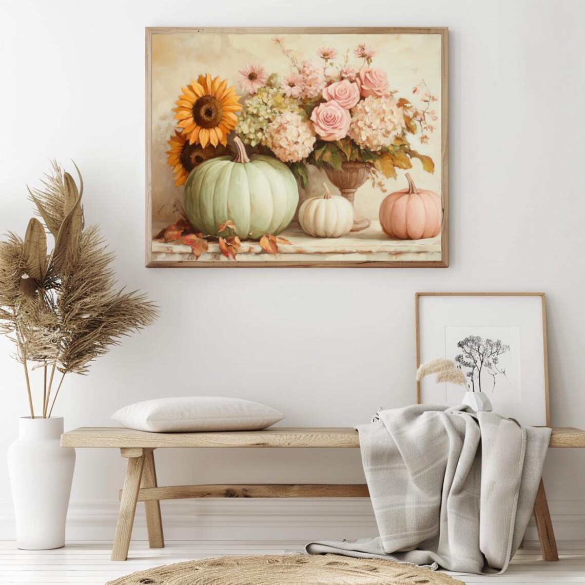 Pastel Pumpkins Sunflowers and Roses in Urn Fall Floral Still Life Poster - Image 2