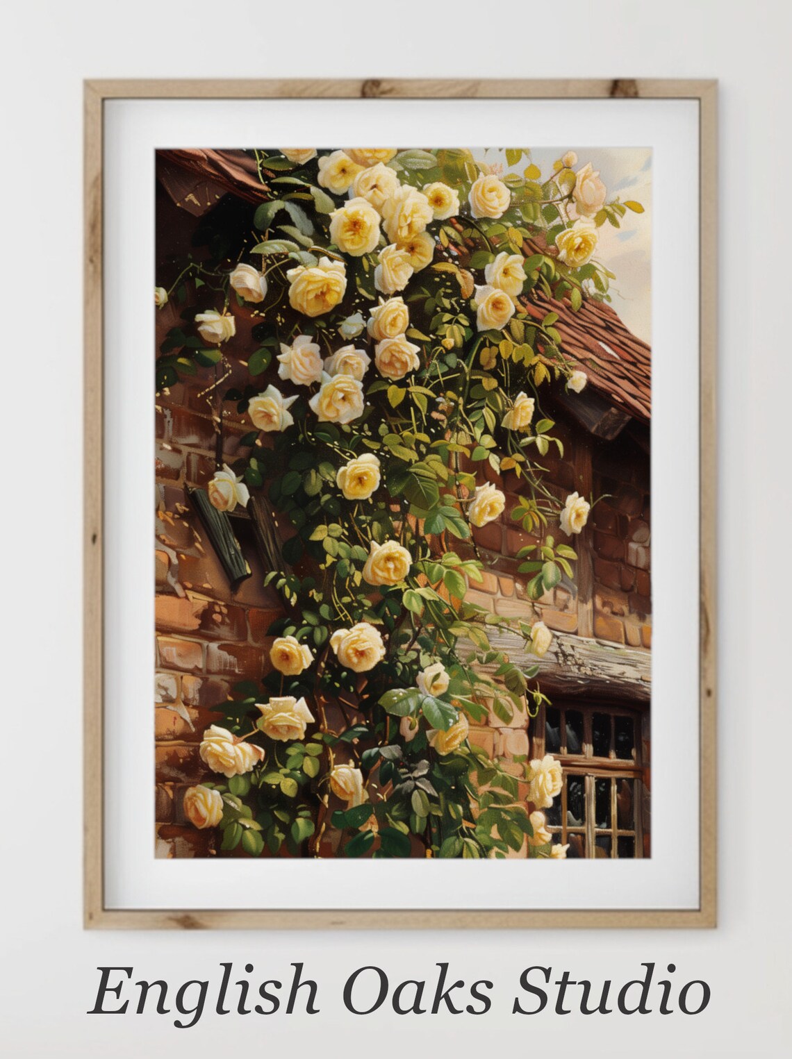 Yellow Climbing Roses Brick Cottage House Vintage Floral Poster