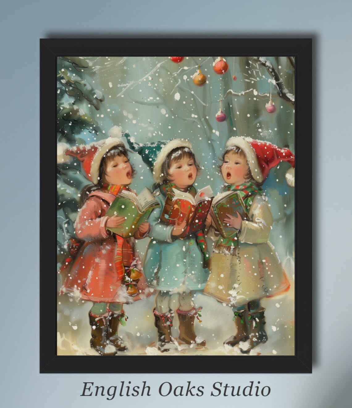 Vintage Christmas Carolers Little Girls Singing Snowy Holiday Poster