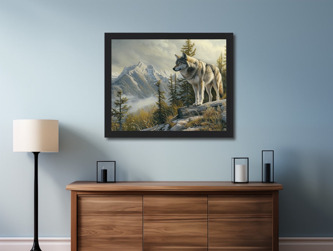 Rustic Wolf Painting Vintage Wolf Moody Alpine Print Mountain Landscape Wolf Cabin Decor 03 - Image 2