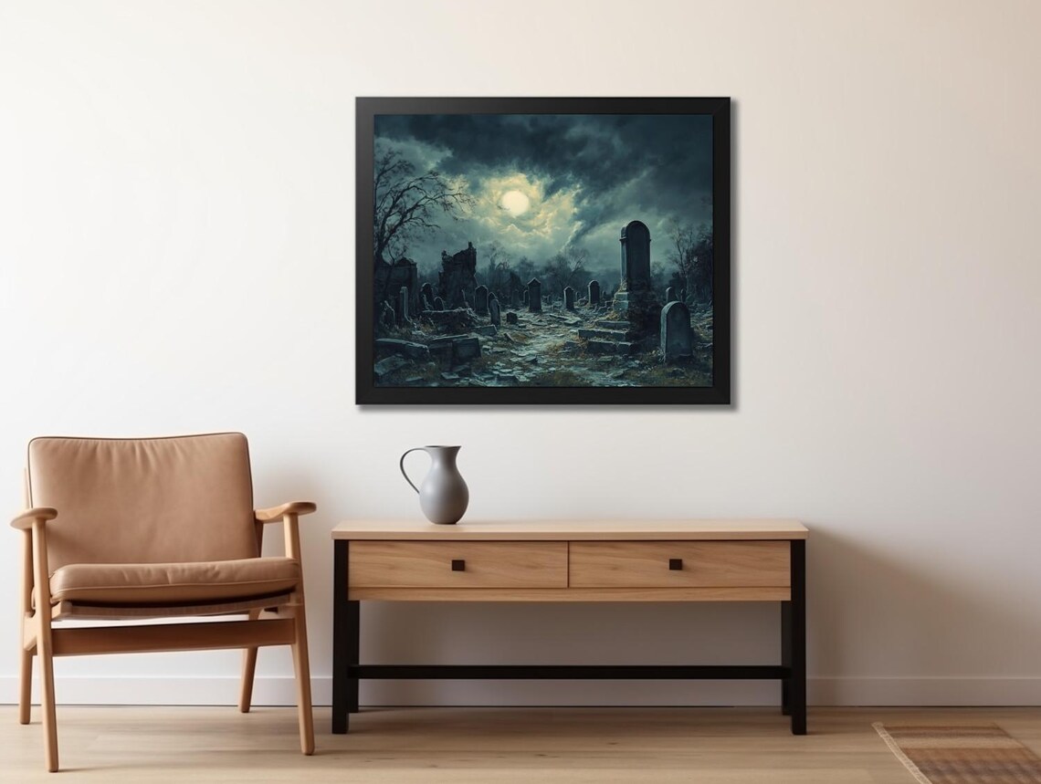Full Moon Over Haunted Cemetery with Ancient Tombstones Spooky Gothic Poster - Image 2