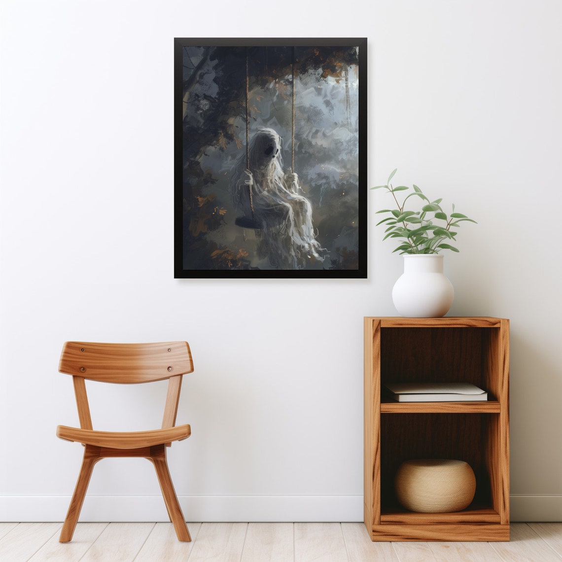 Tattered Ghost on Swing in Misty Autumn Forest Moody Halloween Poster - Image 2