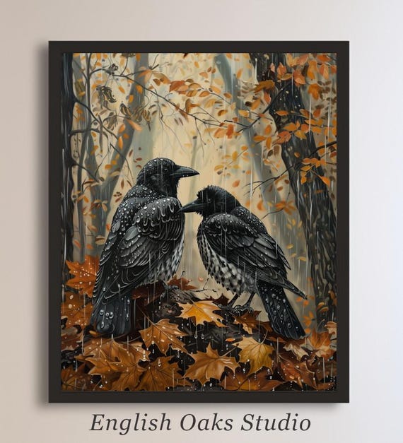Moody Fall Crows On A Dirt Mound Covered With Wilted Leaves In The Forest During Rain Vintage Cottagecore Bird Botanical Forest Print