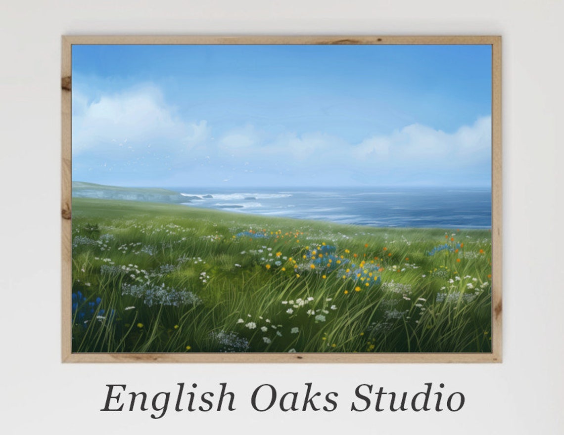 Seaside Grass Meadow Painting Wildflowers Blue Ocean View Poster