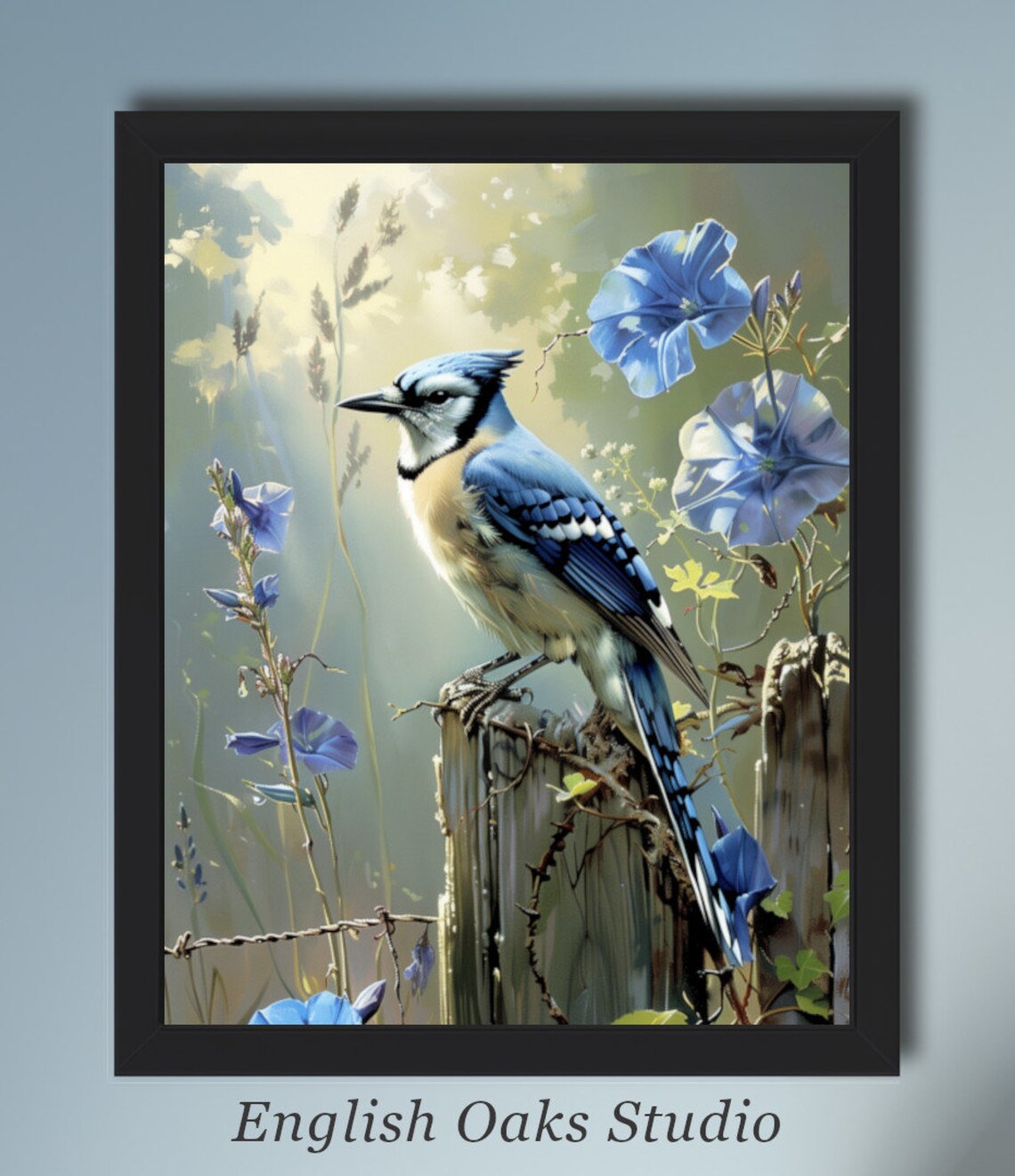 Blue Jay Bird on Fence Post, Vintage Farmhouse Art Print
