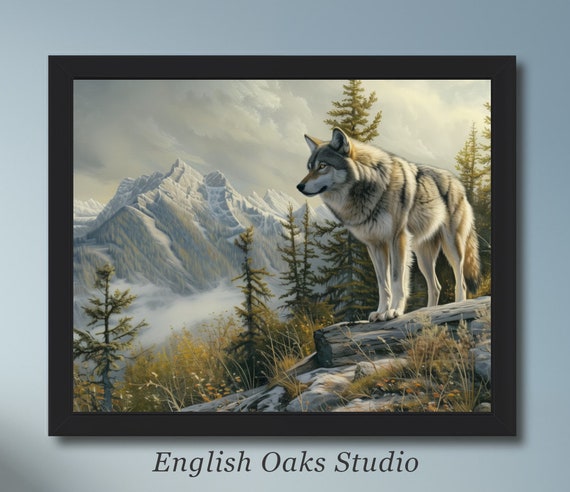 Rustic Wolf Painting Vintage Wolf Moody Alpine Print Mountain Landscape Wolf Cabin Decor 03
