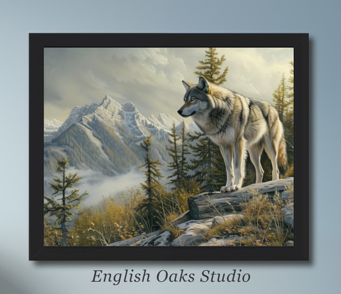 Rustic Wolf Painting Vintage Wolf Moody Alpine Print Mountain Landscape Wolf Cabin Decor 03