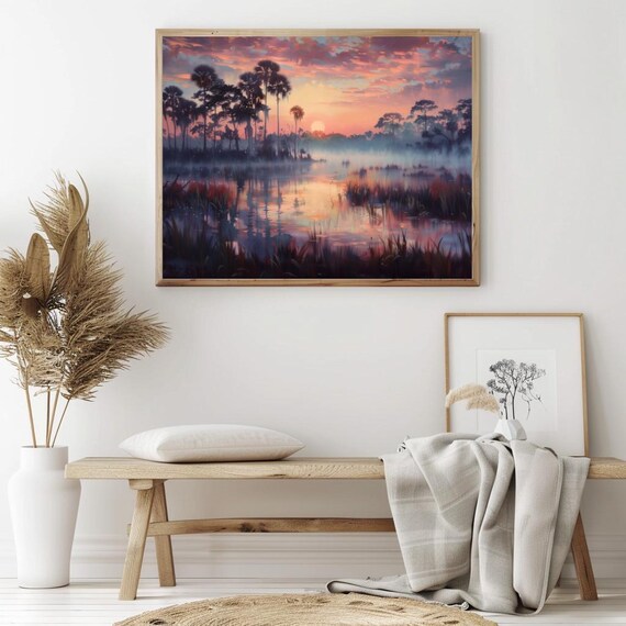 Palm Trees At Sunset Over Misty Wetlands Tropical Landscape Poster