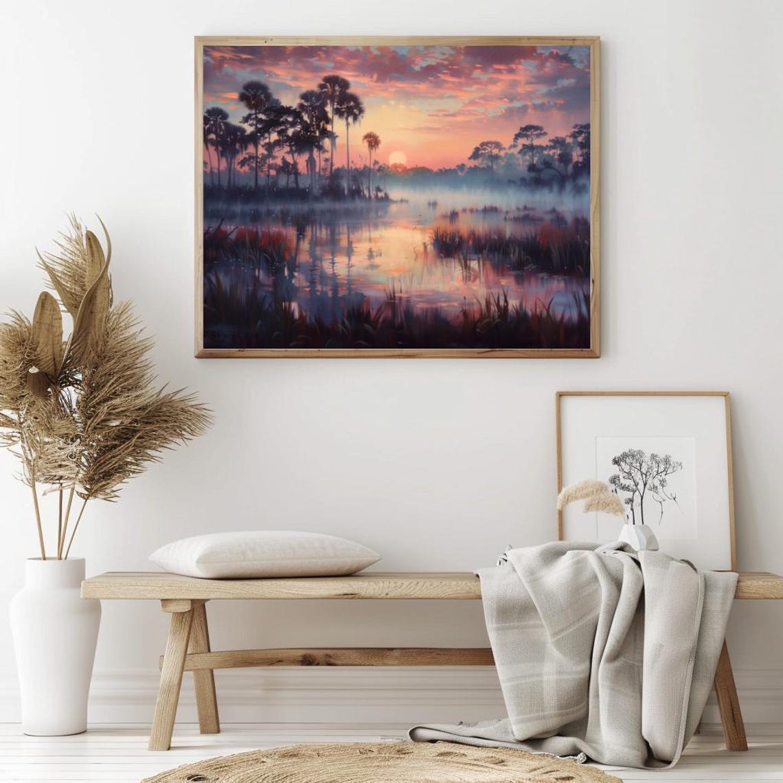 Palm Trees At Sunset Over Misty Wetlands Tropical Landscape Poster