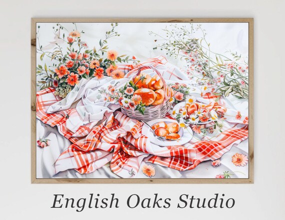 Summer Picnic with Orange Basket Checkered Blanket Floral Art Poster