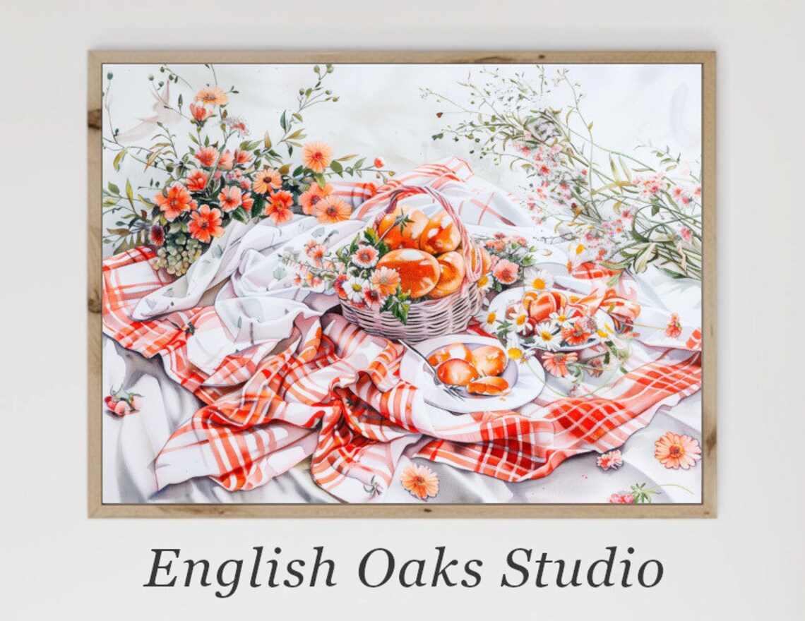 Summer Picnic with Orange Basket Checkered Blanket Floral Art Poster