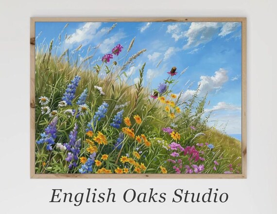 Wildflower Meadow Hillside with Lupines Under Blue Sky Summer Art Poster