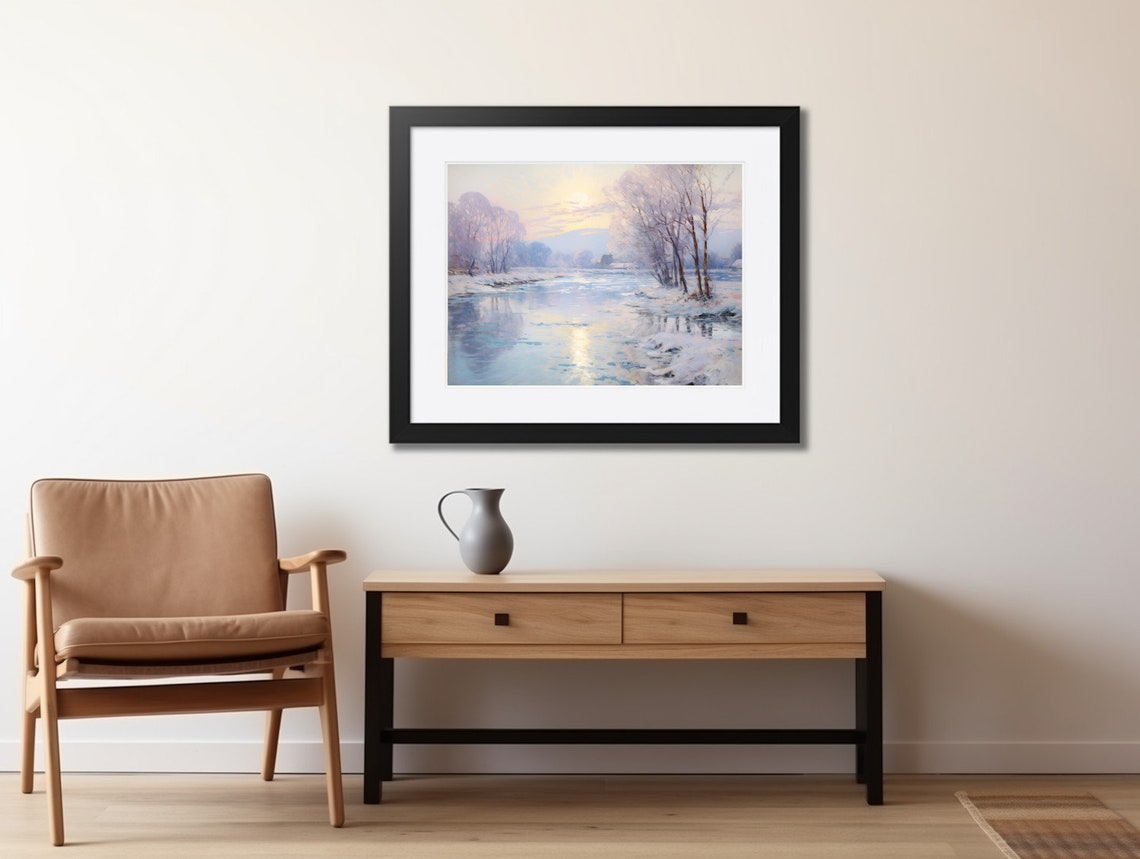 Frosty River Winding Through Pastel Misty Winter Landscape Poster - Image 2