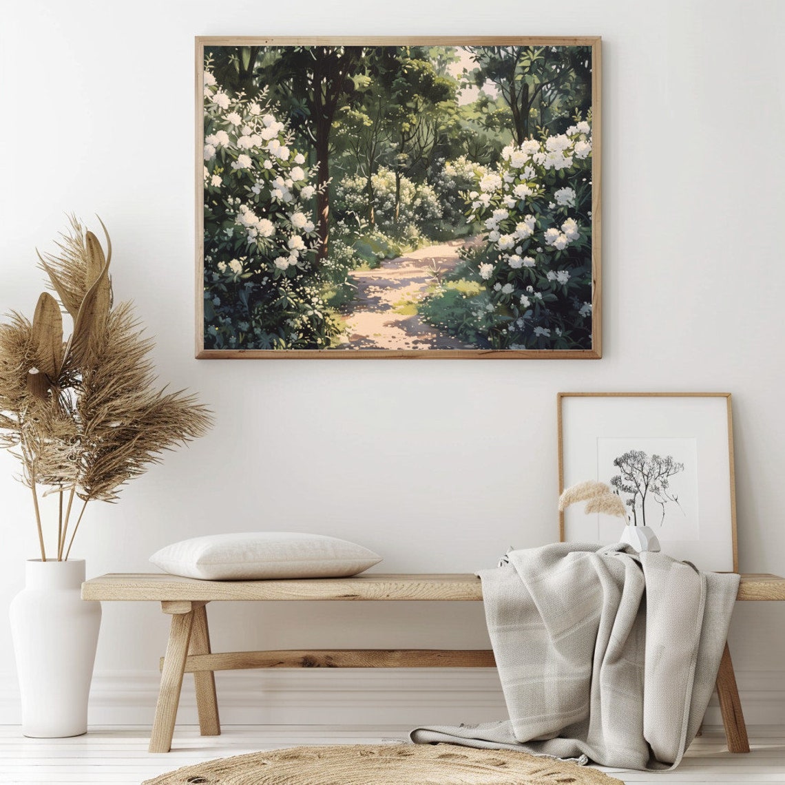 White Flowering Bushes Along A Sunlit Forest Path Spring Garden Poster - Image 2