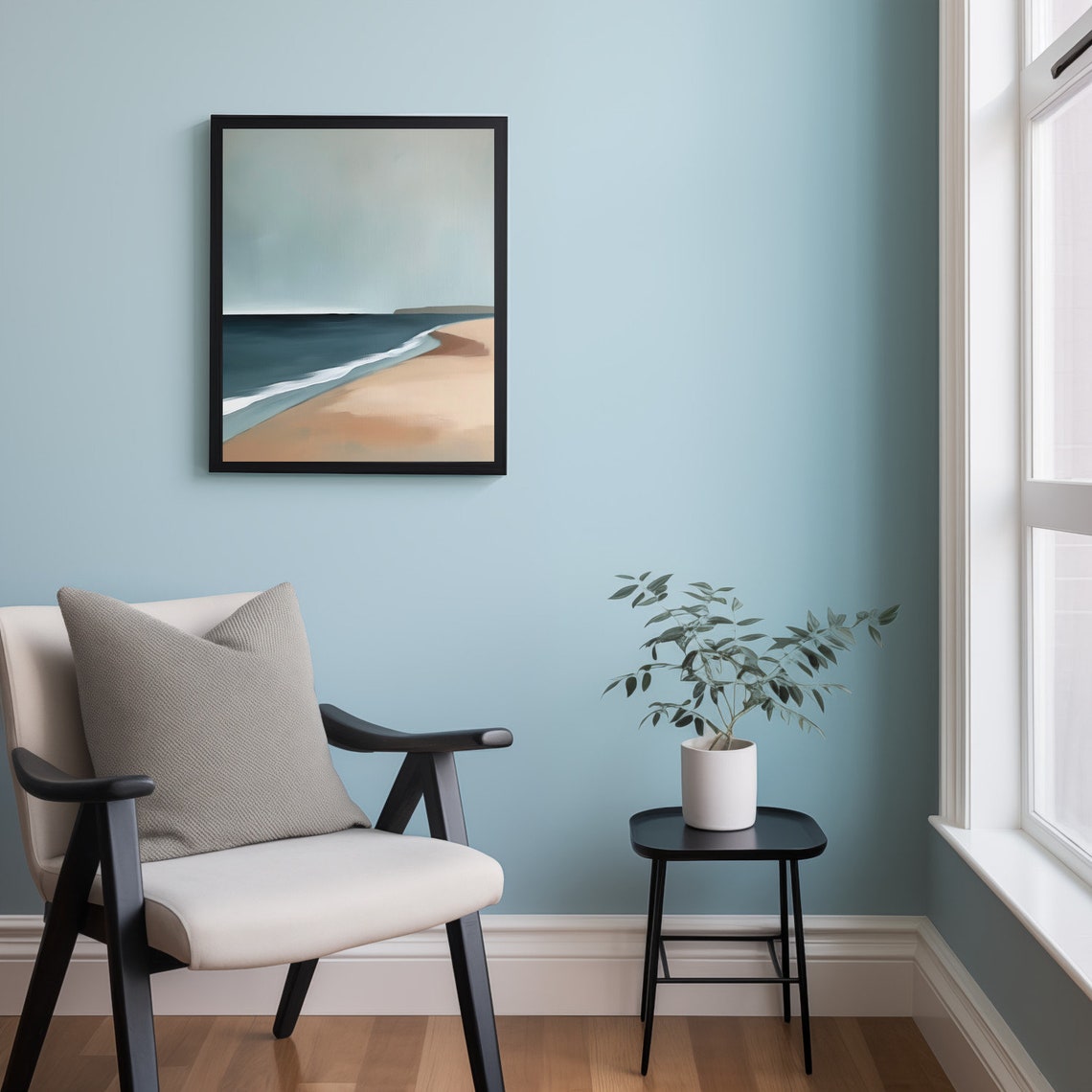 Modern Beige And Blue Seascape Minimalist Sandy Beach Wall Art - Image 2