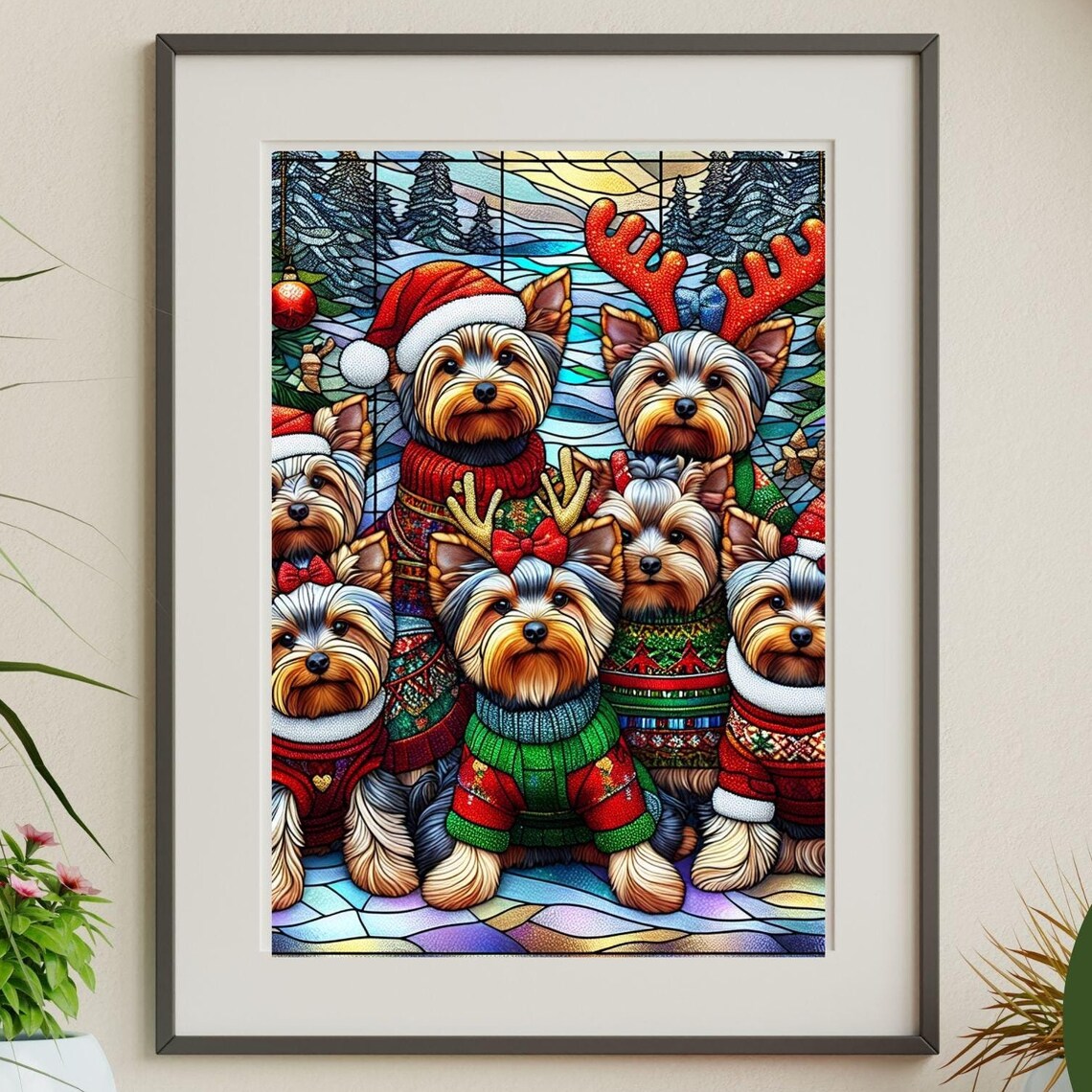 Yorkshire Terriers Stained Glass Style Christmas Sweater Dog Poster