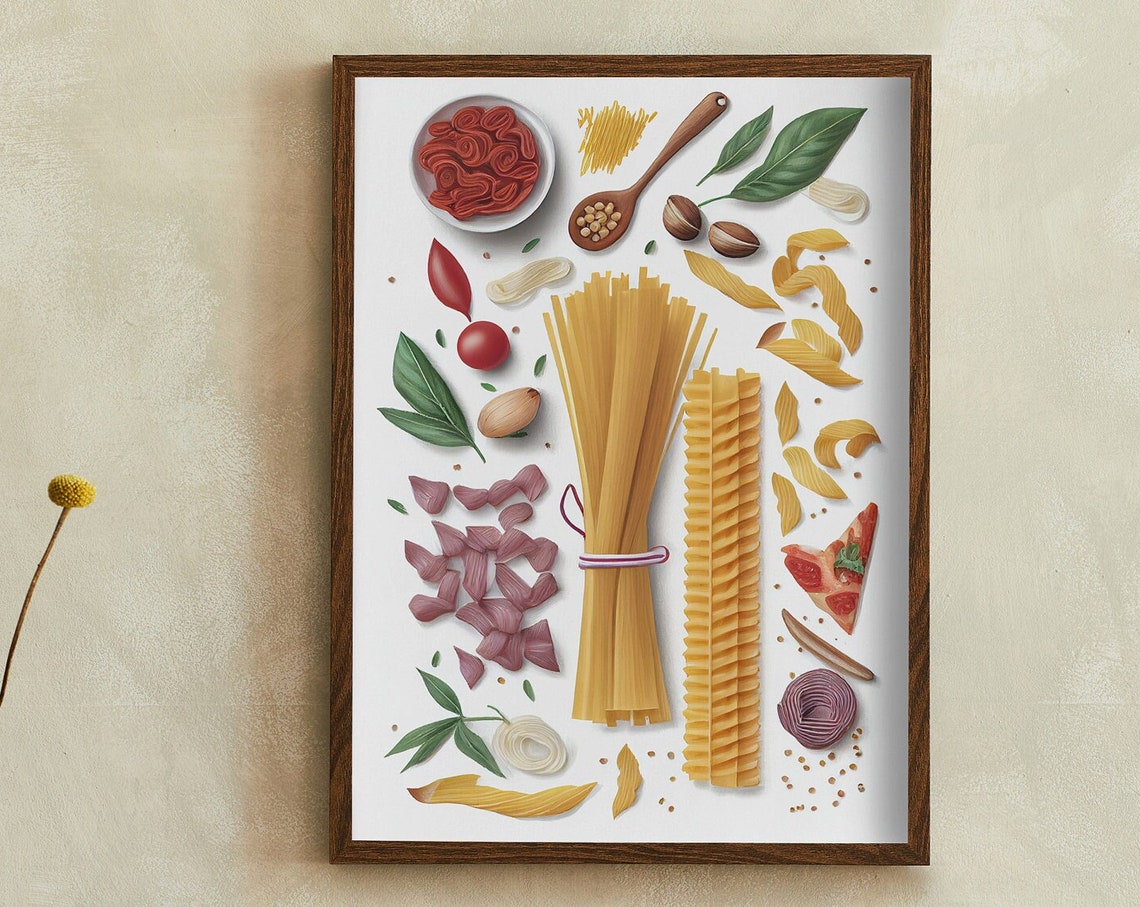Pasta Flat Lay with Spaghetti Bundle Penne and Tomato Sauce Poster