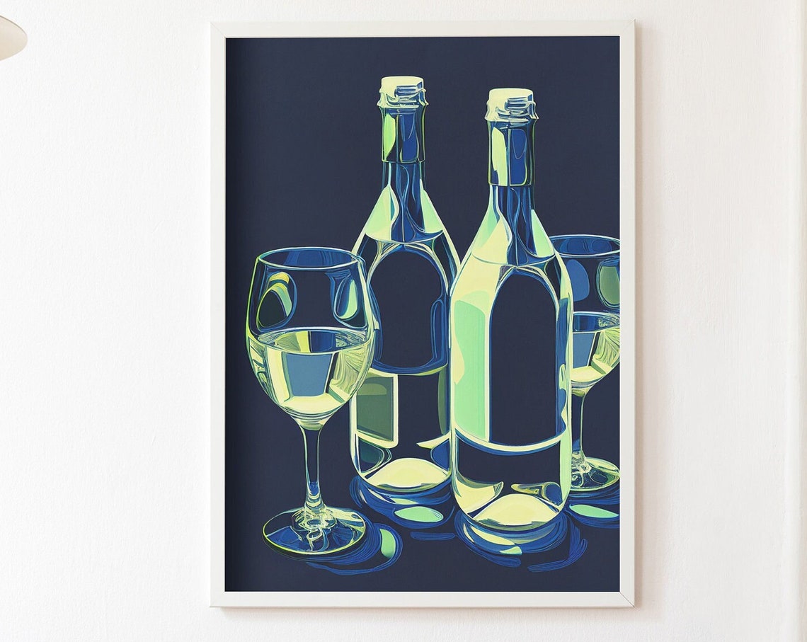 White Wine Bottles and Glasses on Dark Navy Background Poster
