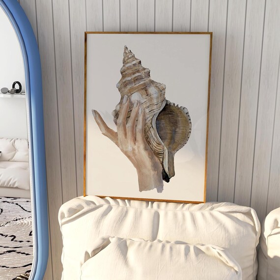 Hand Holding Conch Shell Soft Watercolor Coastal Art Print Gift
