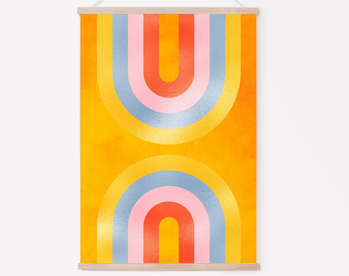 Retro Double Rainbow Print, Bold Bohemian Abstract
