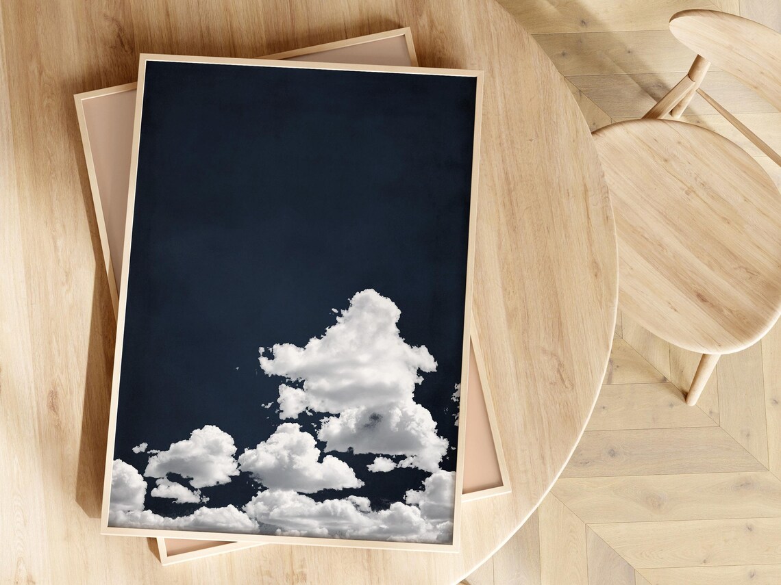 Navy Blue Cloud Minimalist Moody Dark Sky White Clouds Poster