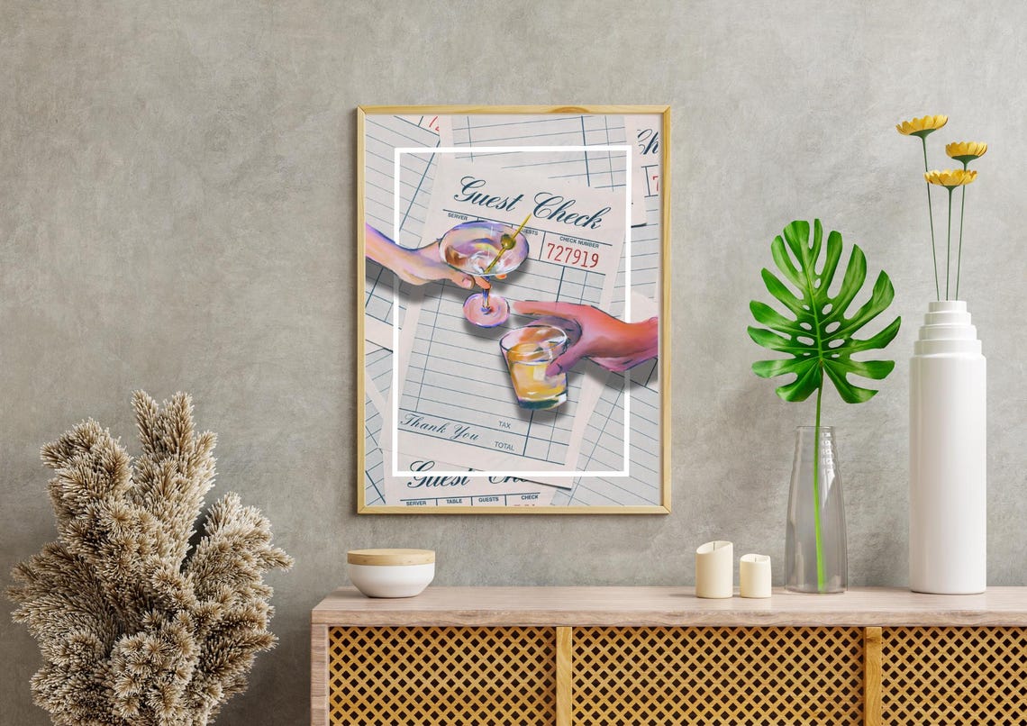 Guest Check Vintage Receipt With Two Cocktails Retro Bar Poster