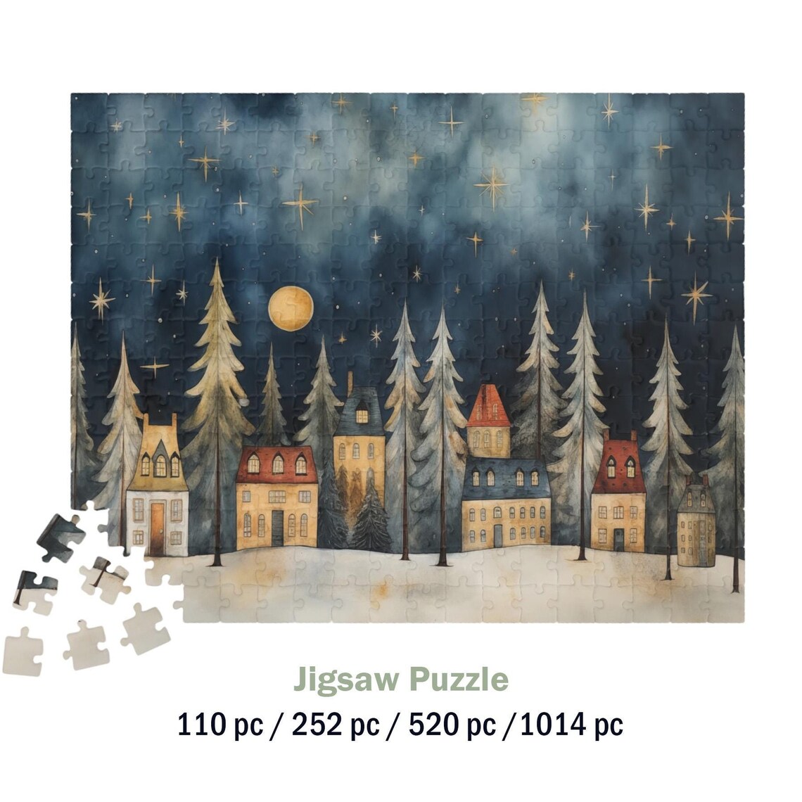Winter Night Snowy Village Moonlight Stars Pines Folk Art Poster