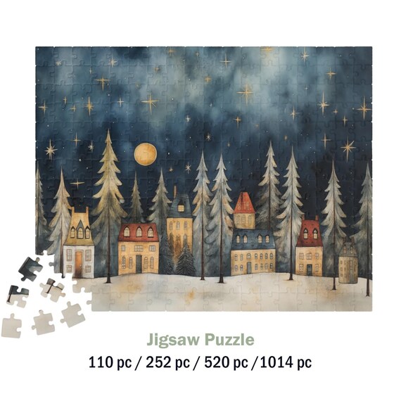 Winter Night Snowy Village Moonlight Stars Pines Folk Art Poster