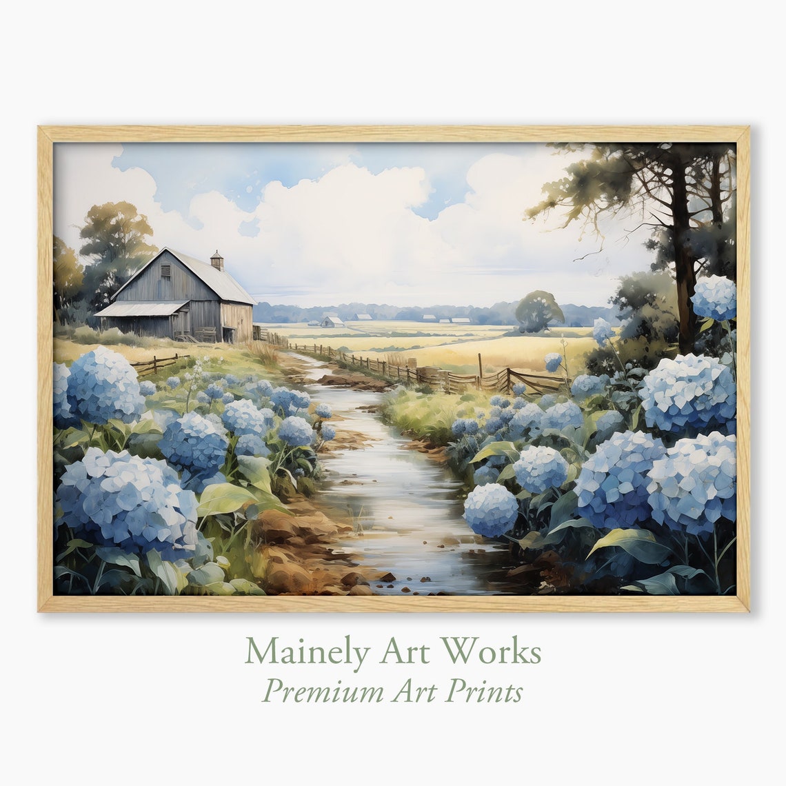 Blue Hydrangeas By Country Stream With Rustic Barn Watercolor Print