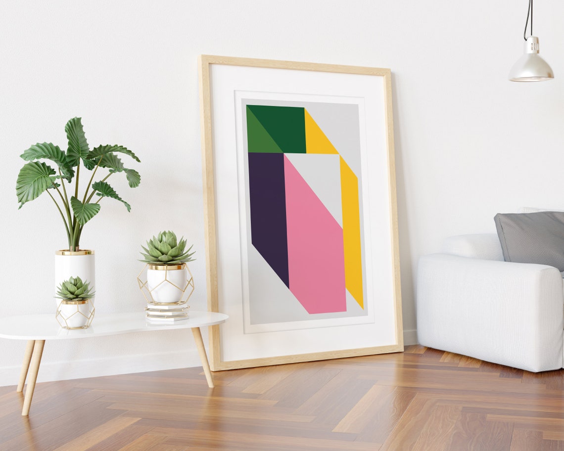 Green Purple Pink Yellow Geometric Polygon Blocks Modern Wall Art - Image 3