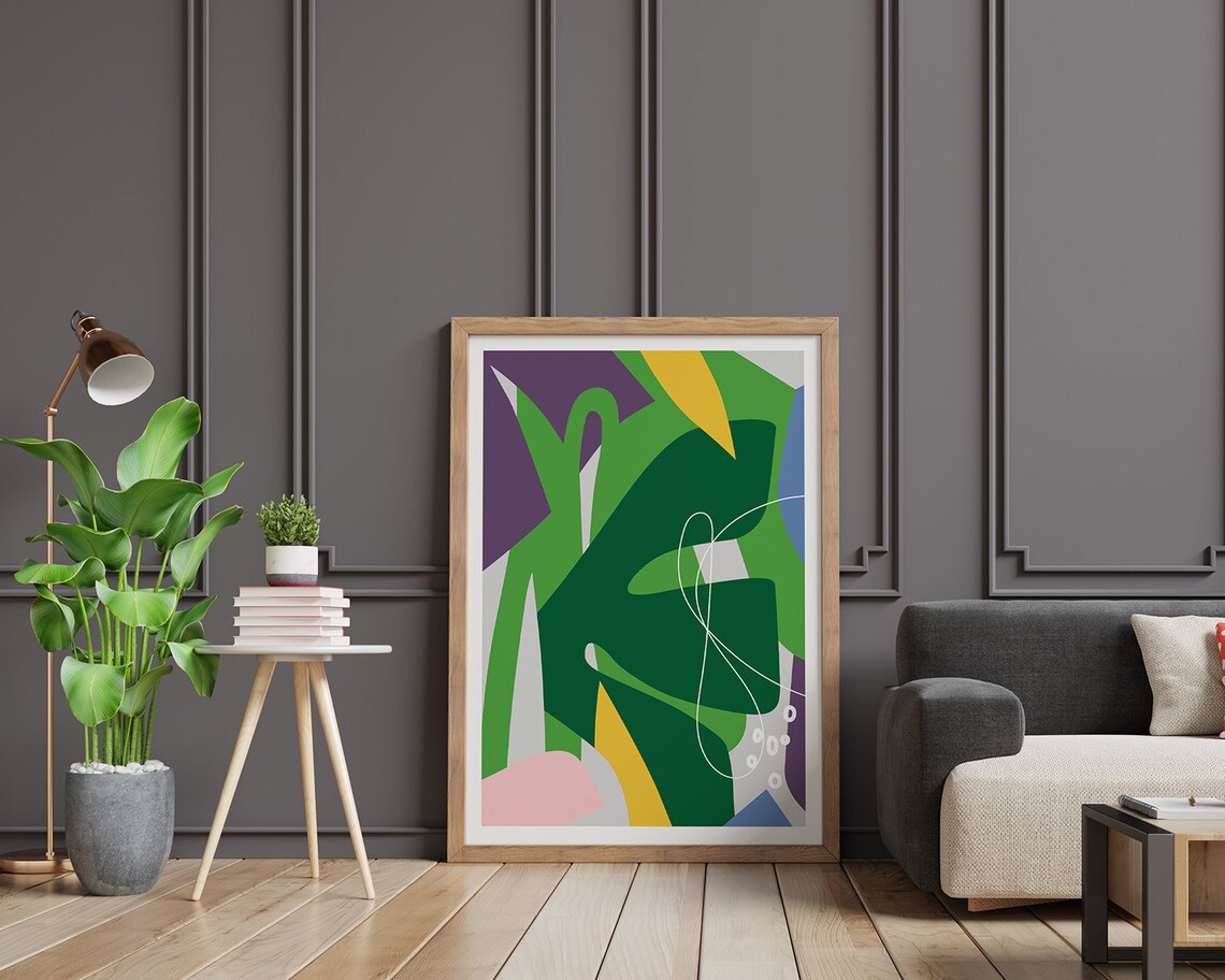 Leaf Garden Collage Poster in Green Yellow Purple Pink and Grey - Image 2