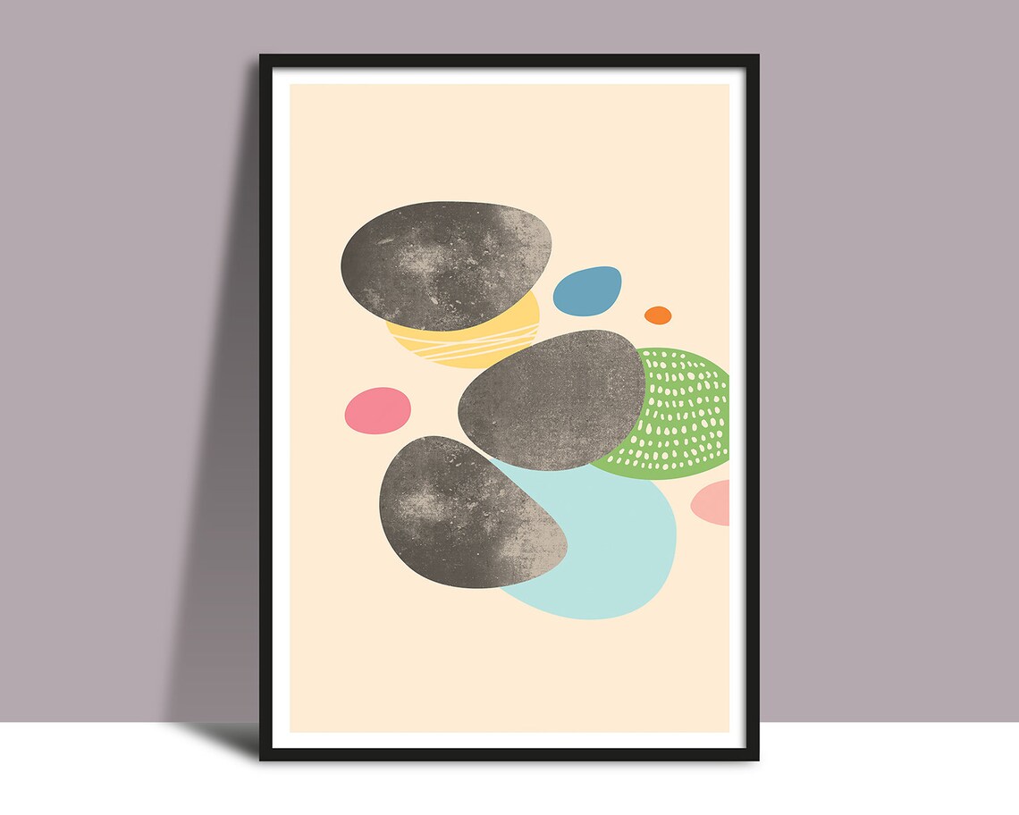 Smooth Gray Pebbles on Sand with Pastel Shapes Abstract Art Poster