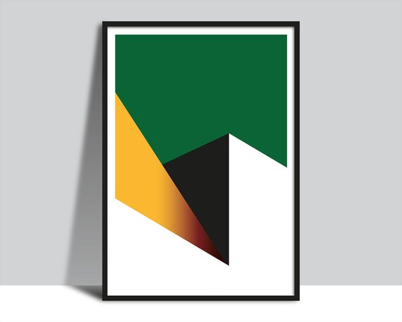 Original Printable Abstract Geometric Green Gold Yellow Buildings Light Shadows Illustration Poster Bold Architectural Shapes Art