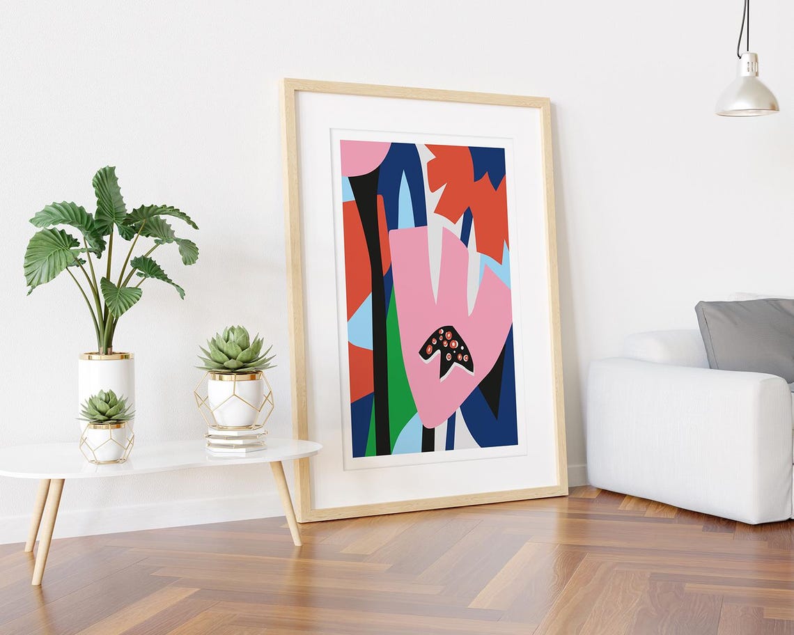 Oversized Pink Abstract Flower on Vibrant Red and Blue Poster - Image 3