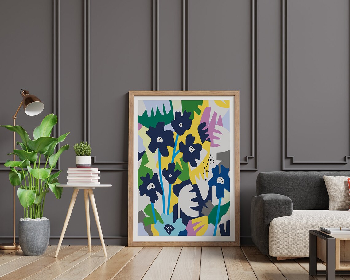 Dark Navy Flowers With Yellow Pink And Green Collage Art Poster - Image 2