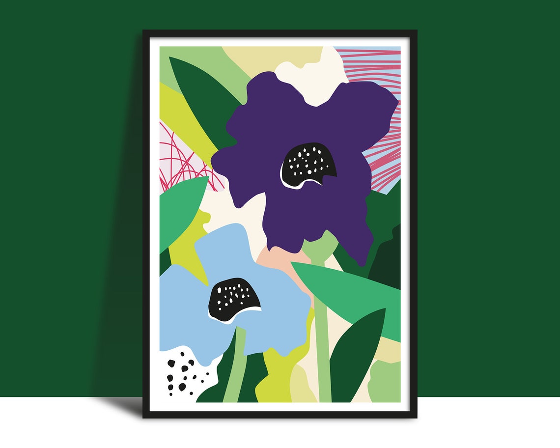 Purple And Blue Abstract Flowers With Green Leaves Art Poster
