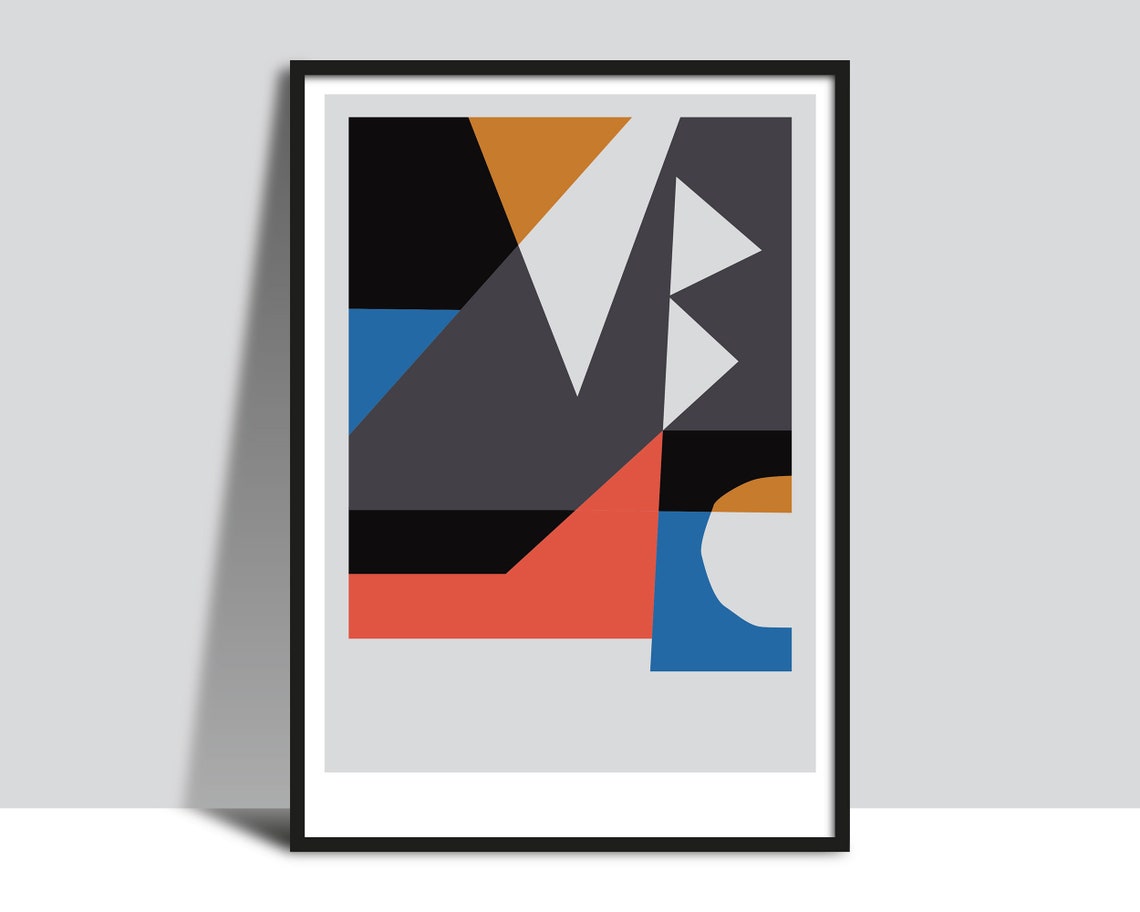 Bold Charcoal Coral And Blue Geometric Shapes Minimal Art Poster