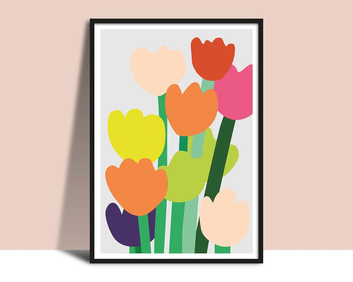 Big Bright Tulips Red Orange Pink Bold Flat Botanical Wall Art