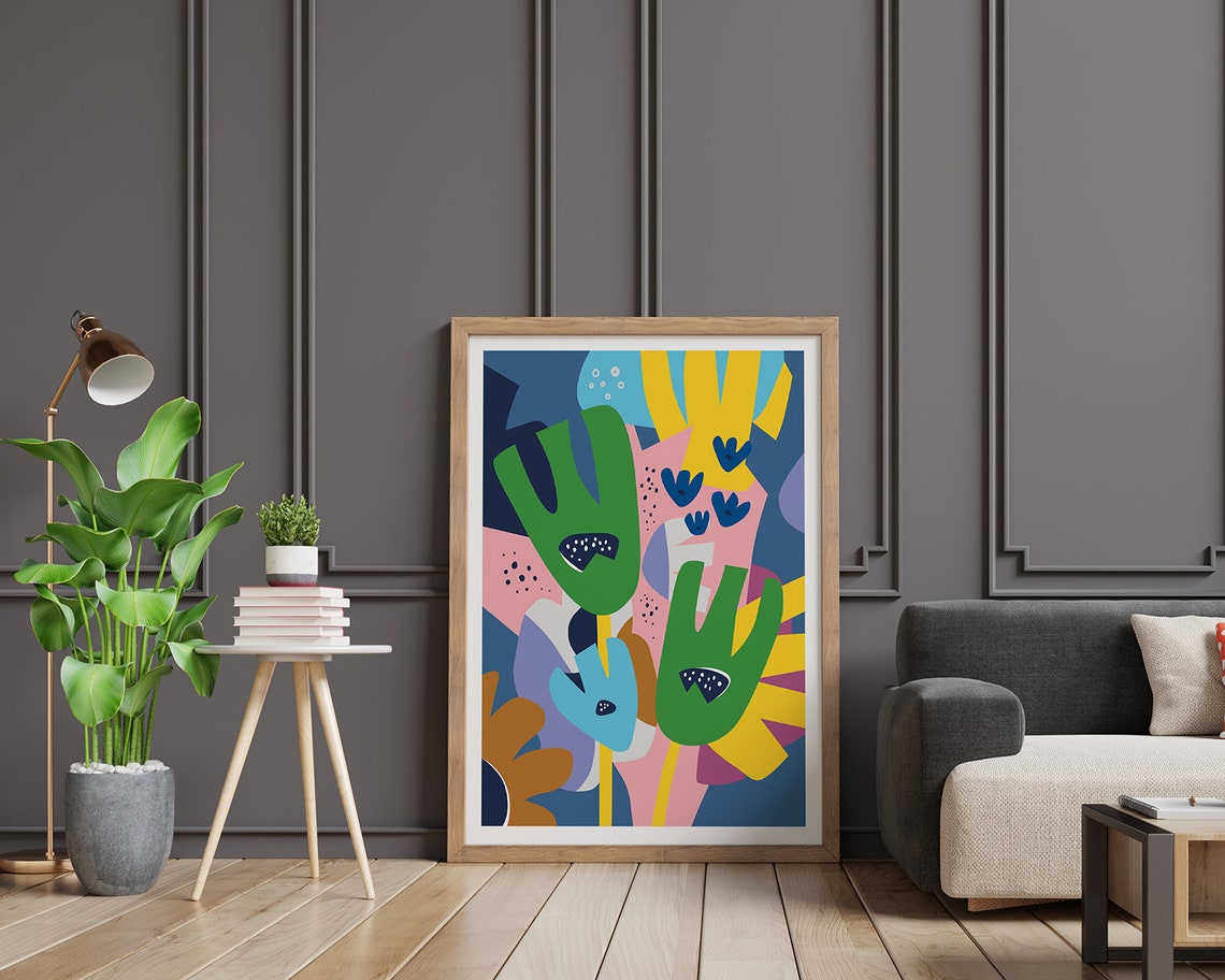 Green Tulip Flowers In Pink Yellow And Blue Abstract Collage Poster - Image 2