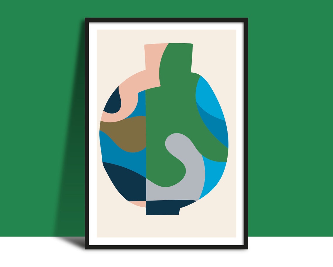 Abstract Colour Block Vase Poster in Green Blue Grey and Beige