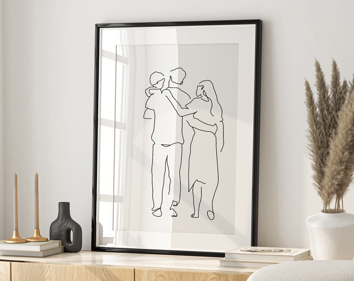 Family of Three Sharing a Warm Embrace Line Art Portrait Poster