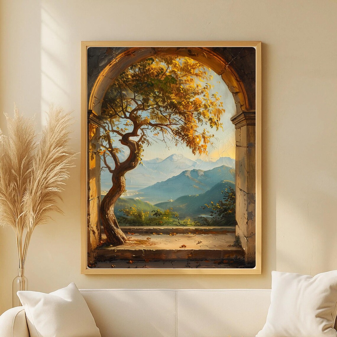 Golden Tree Under Ancient Arch, Mediterranean Landscape Art Print