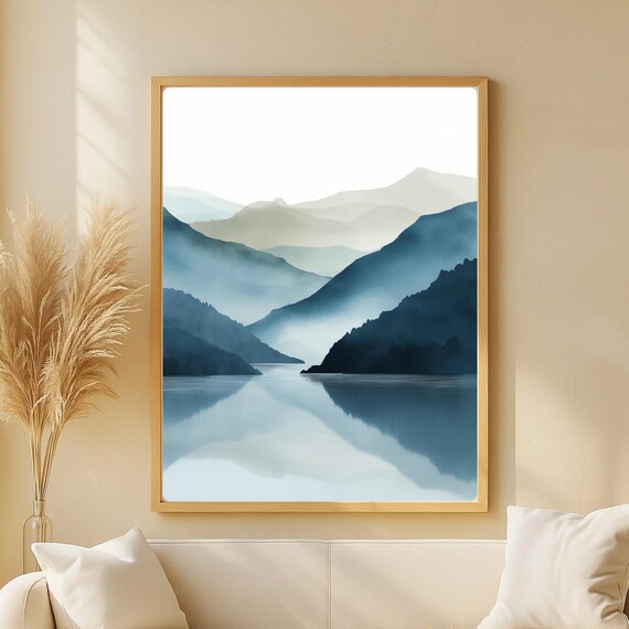 Misty Mountains Landscape Print Minimalist Zen Wall Art Serene Lake Reflection Scandinavian