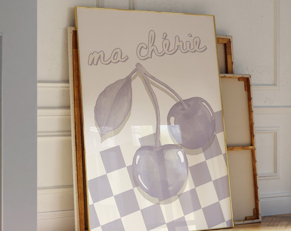 Ma Cherie Cherry Checkerboard Coquette Aesthetic French Art Poster