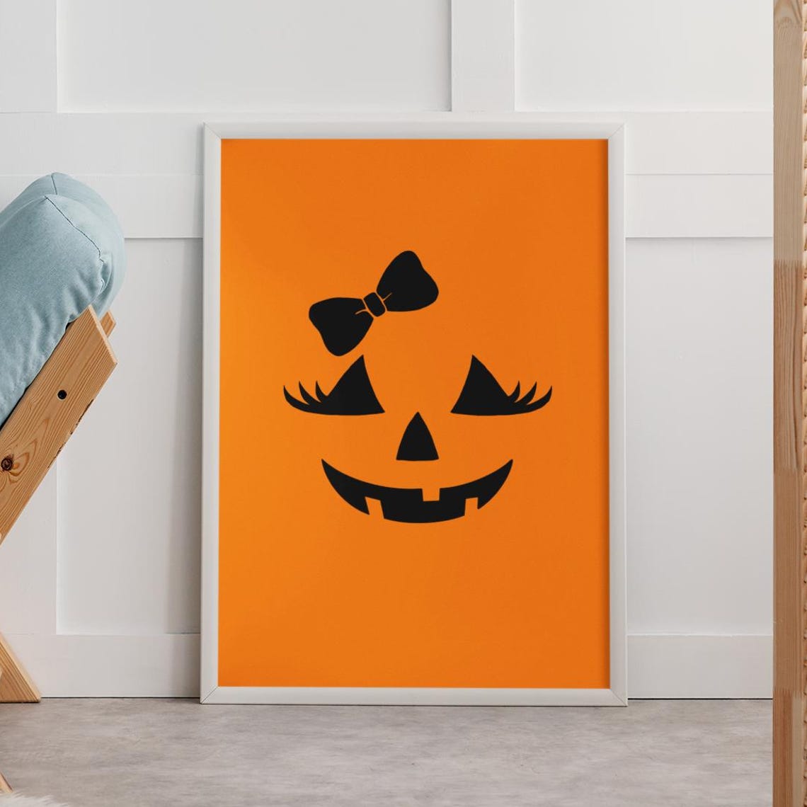 Framed Cute Pumpkin Face Halloween Wall Art Feminine Poster With Bowadorable Creepycute Home Decor Girlfriend Gift For