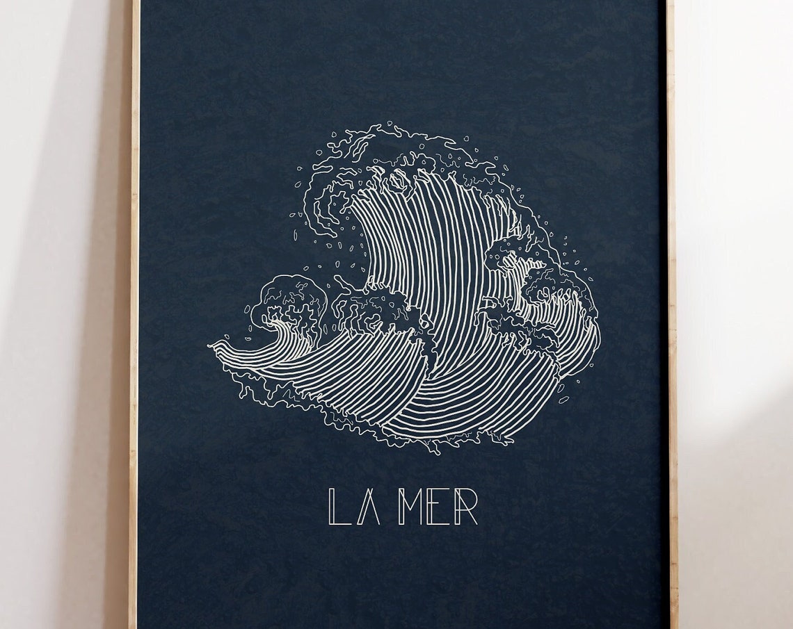 La Mer Minimalist Ocean Wave Line Art Navy French Beach Poster